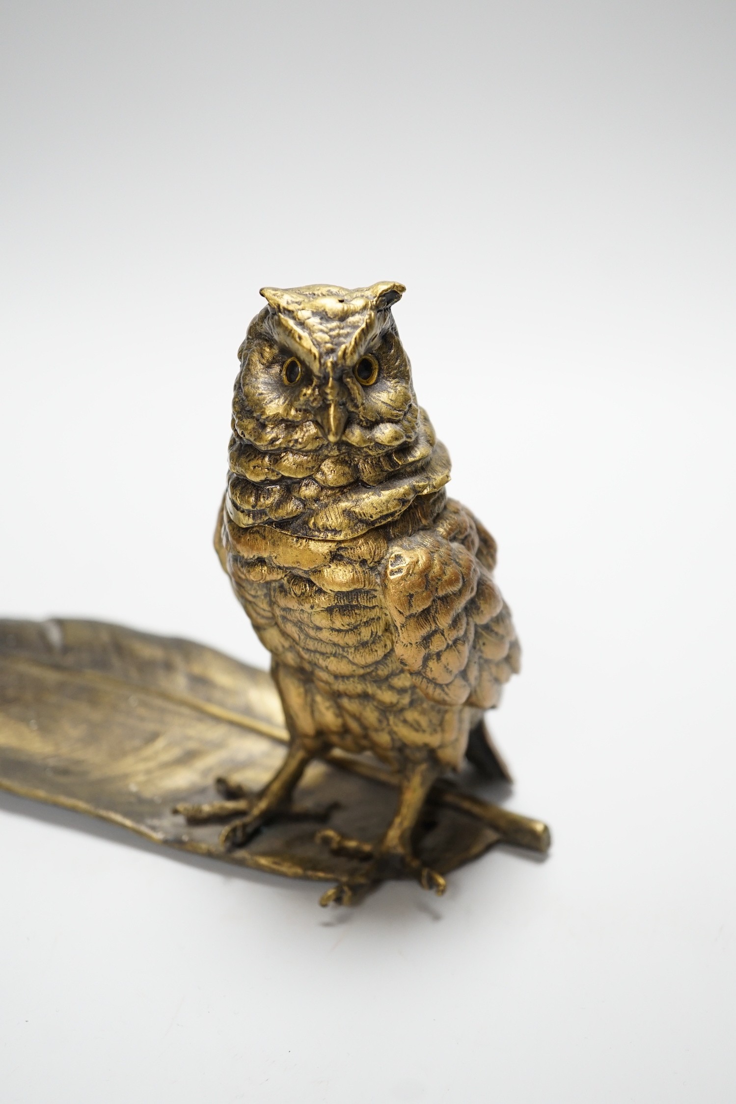 A bronze ‘owl and a feather’ inkwell with Bergman mark, 34cm long